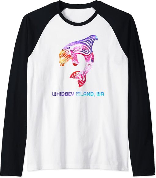 Whidbey Island Washington Native American Orca Killer Whale Raglan Baseball Tee
